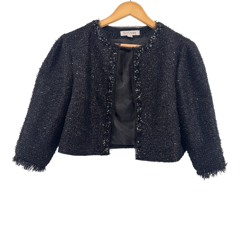 Kay Unger New York Black Silver Metallic Tweed Sequin Cropped Jacket Size 12‎